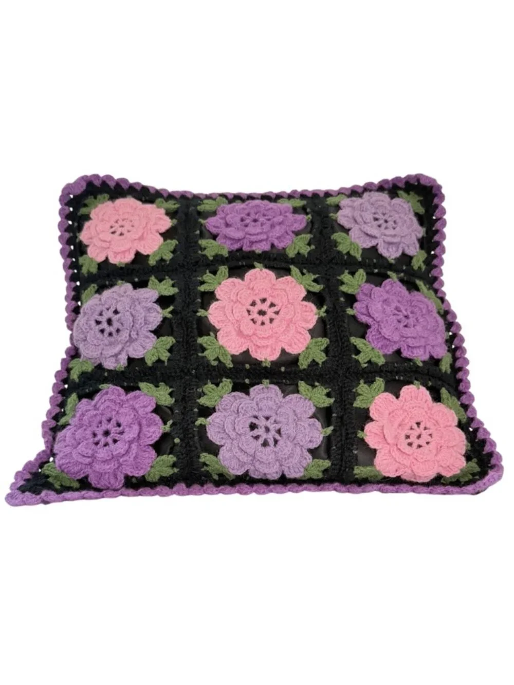 Handmade Crochet 3D Floral Granny Square Throw Pillow Purple Pink Black 16x16